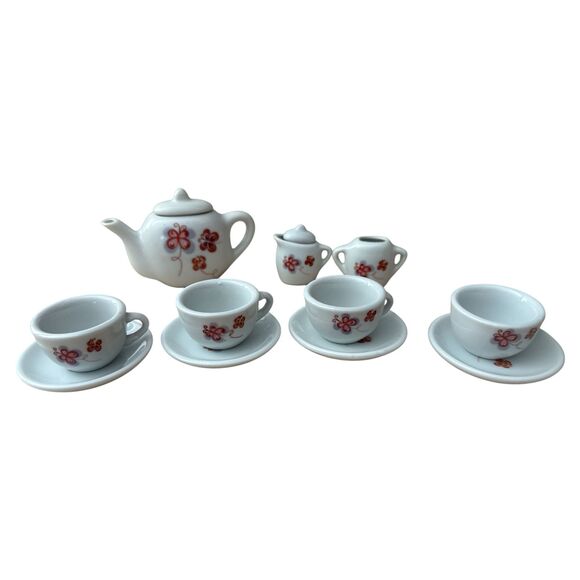 VTG Miniature Porcelain Child’s Tea Set Red Flower Butterfly 11 pc Toy Play Doll - Picture 2 of 7
